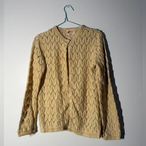 Vintage 70s Tan Crochet Open Knit Button Up Cardigan Size Medium